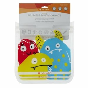 2 Full Circle Monster Reusable Ziptuck Kids Snack Bags 7.8"W x 7.8"H NWT